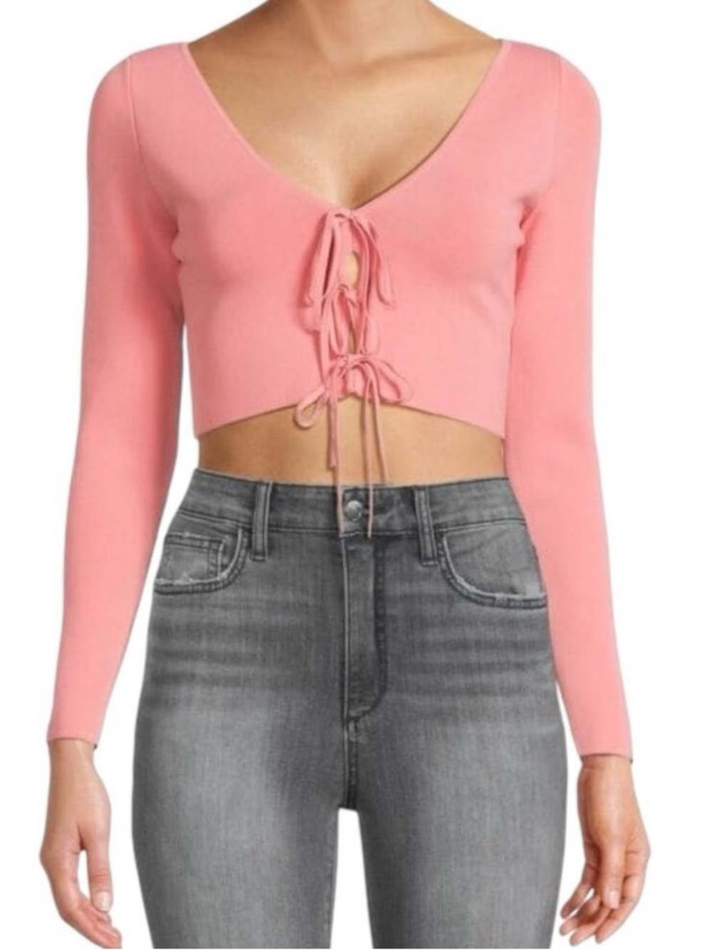 Alice & Olivia Sheree Pink Lace-Up Bow Crop Top long sleeve